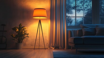 A cozy evening interior features a modern floor lamp casting a warm glow, with soft curtains and minimalist furniture creating an inviting and moody atmosphere.