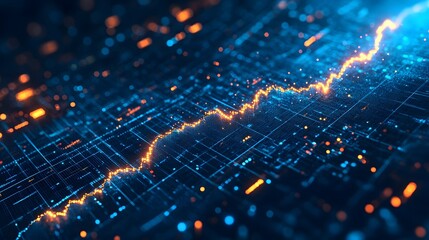A data visualization with a deep blue color scheme features a digital graph and glowing particles on an abstract background, embodying futuristic stock market analysis.
