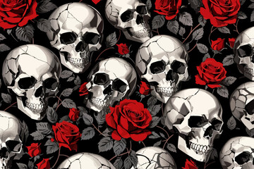 an illustration of skulls and red roses repeating pattern