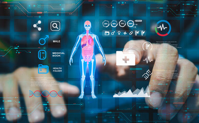 Health and Medical Technology with Digital Healthcare Icons: Medical Records, Insurance, Patient Care, Medicine, Modern Medical Technology, and Health Services for Advanced Healthcare Solutions