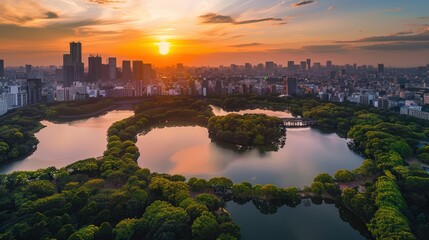 An aerial view of a city park with a lake in the center at sunset, the sun setting behind the city skyline