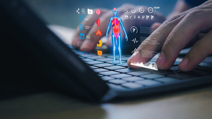 Health and Medical Technology with Digital Healthcare Icons: Medical Records, Insurance, Patient Care, Medicine, Modern Medical Technology, and Health Services for Advanced Healthcare Solutions