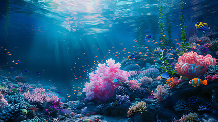 A vibrant coral reef bustling with a variety of marine life