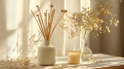 An elegant fragrance diffuser with dried flowers is bathed in soft sunlight through sheer curtains, creating a cozy ambiance with pastel flowers and hygge atmosphere.