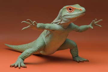 Fototapeta premium Green lizard is standing on a red background. It has red eyes and is holding its arms out to the side. a baby brontosaurus dancing in a 70s
