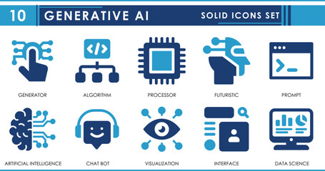 A set of solid icons related to Generative AI. Artificial Intelligence, prompt, algorithm, processor, chat bot, data science, and so on. Vector flat icons set.
