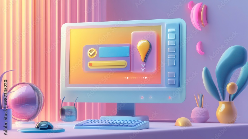 Poster a desktop computer with a light bulb and check mark on the screen, a keyboard, mouse, and a vase wit