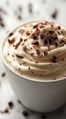 Peppermint mocha topped with whipped cream and candy cane sprinkles, festive holiday drink