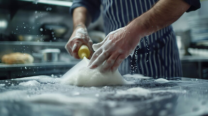 A hand at work, washing the table with a sponge and soap