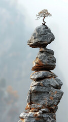 delicate balance of a rock cairn against the backdrop of a serene natural landscape. Sense of peace, harmony, and the importance of finding balance in life.