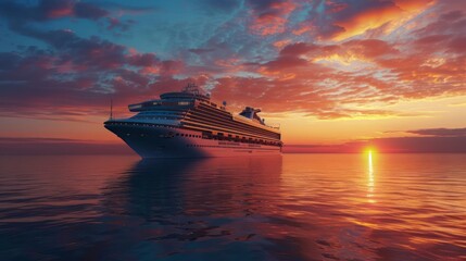 Naklejka premium Big cruise ship in the sea at sunset Beautiful seascape Luxury Cruise Ship Ocean Liner Concept for vacation and travel with a generic cruise ship