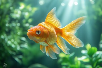 Fish with yellow eyes is looking at the camera. The fish is in a tank with a yellow background. Close shot of a goldfish in the front, big eyes