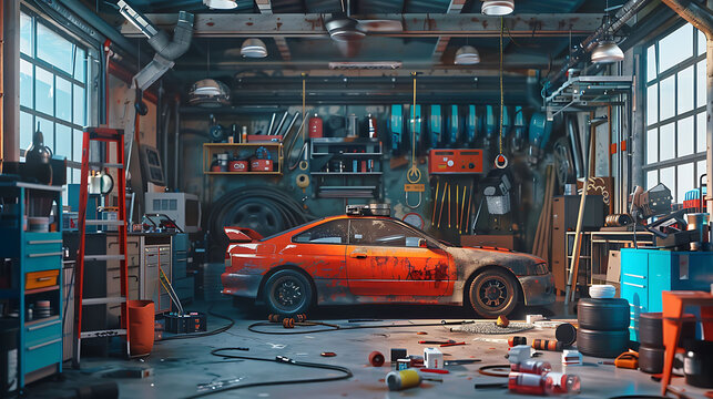 Garage scene showcasing a sporty car alongside various tools