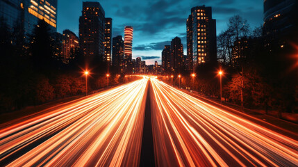 Fototapeta premium City traffic at night with light trails from cars, wide shot, vibrant urban glow.
