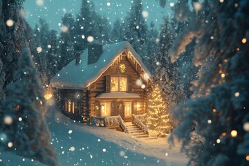 A cozy cabin in the snowy woods, glowing with warm lights.