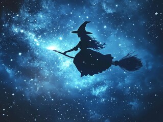 Fototapeta premium Silhouette of a Witch Flying on a Broomstick Against a Starry Night Sky