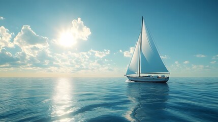 Fototapeta premium A majestic sailboat with billowing sails glides across a calm blue sea under a clear azure sky, capturing a peaceful maritime scene with vibrant colors and lens flare.