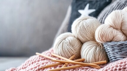 A person sits on a sofa, engaged in knitting with soft gray yarn and needles, surrounded by a pastel pink blanket in a warm, inviting living room