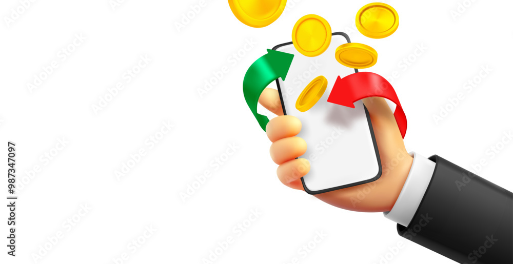 Poster man holding modern smartphone with cashback service. 3d vector banner with copy space