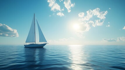 Obraz premium A majestic sailboat with billowing sails glides across a calm blue sea under a clear azure sky, capturing a peaceful maritime scene with vibrant colors and lens flare.