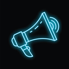 Blue neon megaphone glowing on dark background representing announcement and marketing