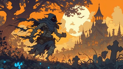 A hooded figure wanders through a dark landscape under an orange moon, with a creeping atmosphere enhancing the eerie, fantastical setting.