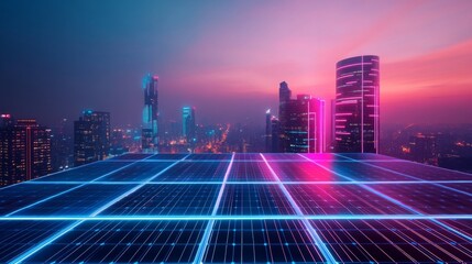 Bright neon-colored solar panels installed on rooftops, glowing vividly at dusk as the sky darkens.