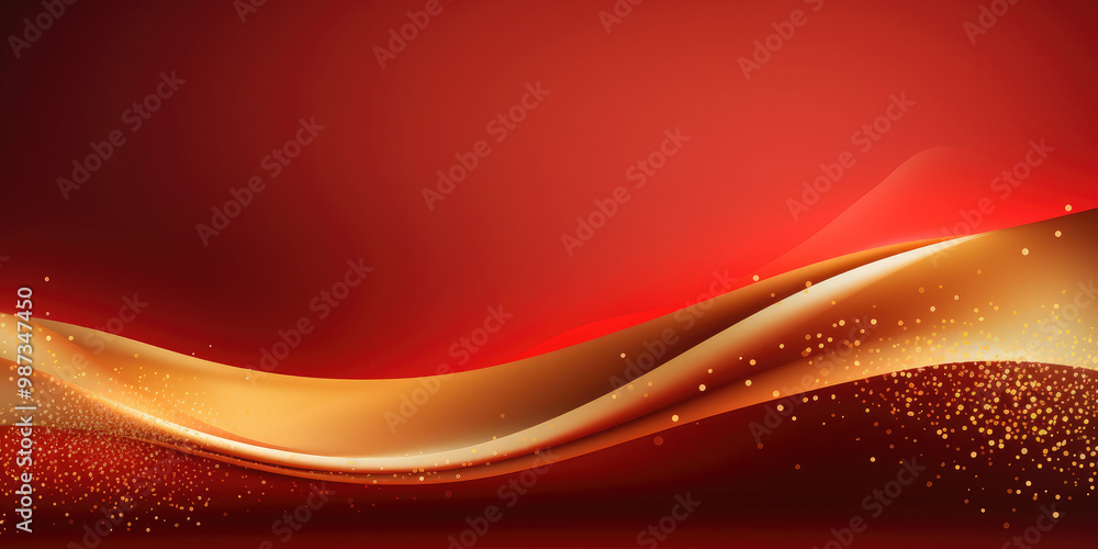 Poster golden wave flowing on red background with glitter particles, abstract design element for chinese ne