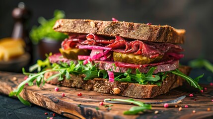 Delicious pastrami sandwich made with wholegrain bread with fresh salad and pickle served on wooden board