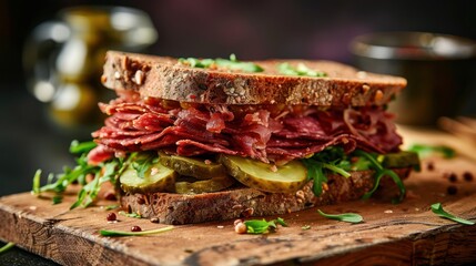 Delicious pastrami sandwich made with wholegrain bread with fresh salad and pickle served on wooden board