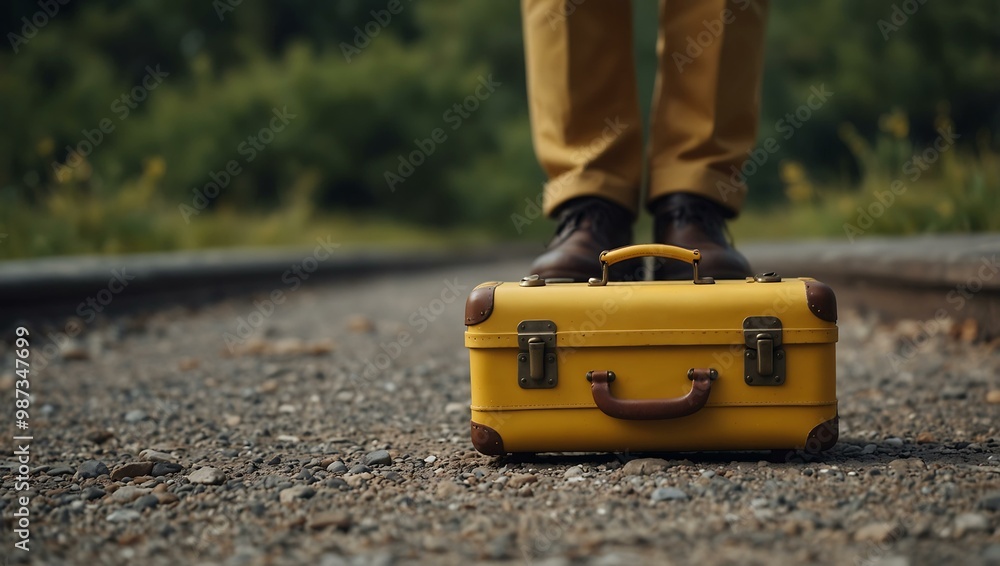Poster character with a yellow suitcase ready for adventure in a minimal setting.