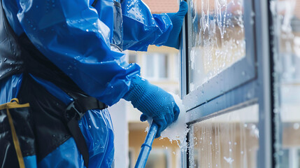 Person in blue gloves spraying water on window, cleaning ice.
