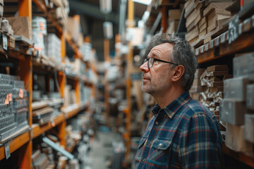 Fototapeta premium Skilled builder choosing screws in hardware store, showing expertise in construction industry. Background blurred, diy atmosphere