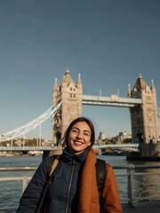 Cheerful traveler takes a selfie with Tower Bridge in the background, capturing excitement.