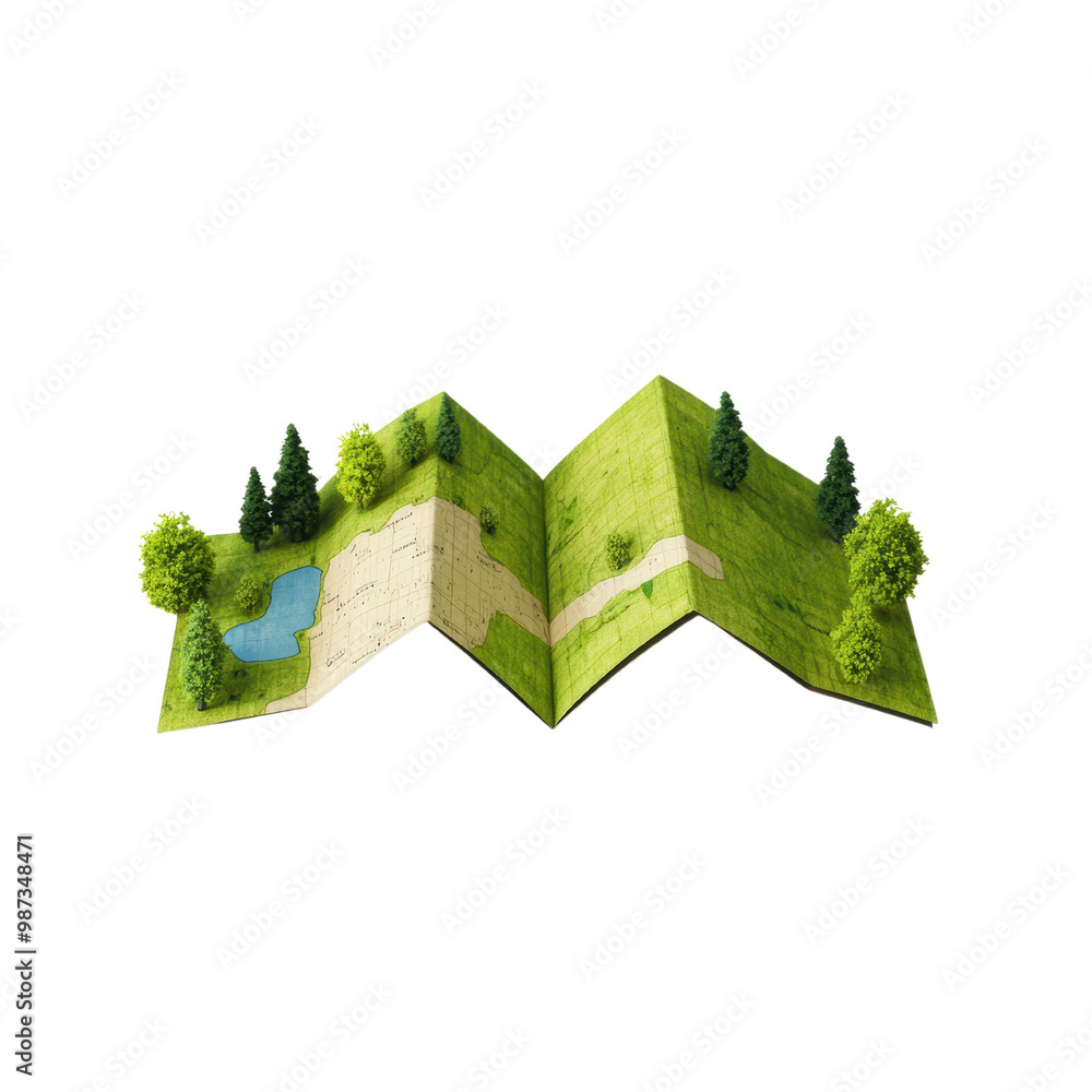 Poster 3d illustrated open map with nature elements on transparent background