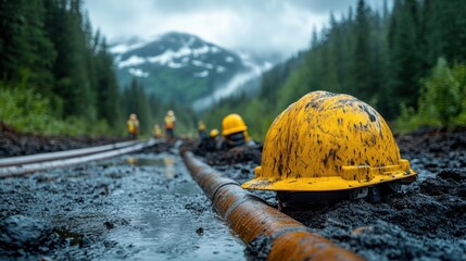 Obraz premium Muddy Hard Hat Beside Pipes in a Forest