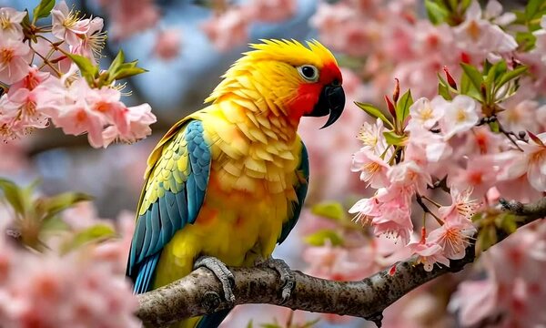 cute parrot with flowers on nature background