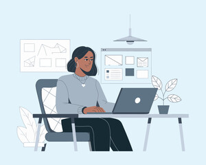 Remote work freelance modern illustration working on a laptop at her house, isolated with a white background