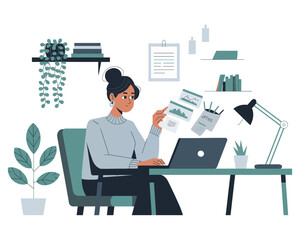 Remote work freelance modern illustration working on a laptop at her house, isolated with a white background