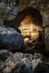 Illuminated Cave with Natural Rock Formations