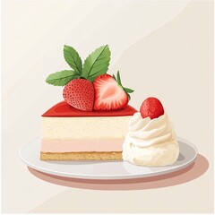 slice of strawberry cheesecake with a layer of fresh strawberries and a scoop of vanilla ice cream
