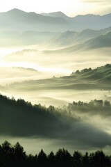 Misty Mountain Landscape with Rolling Hills and Fog