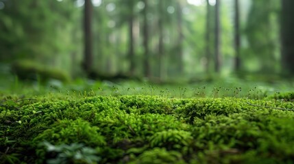 Fototapeta premium Green moss and background Backdrop for displaying products Dark forest background