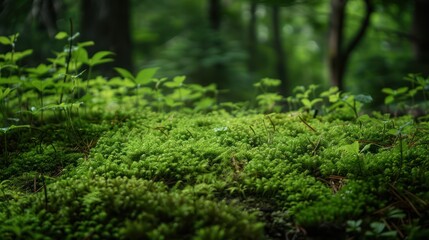 Fototapeta premium Green moss and background Backdrop for displaying products Dark forest background