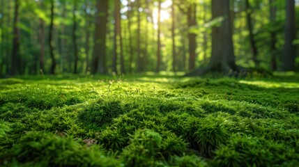 Green moss and background Backdrop for displaying products Dark forest background