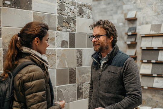 Professional interior designer advising a woman on choosing the right stone tiles for her house renovation project - Powered by Adobe