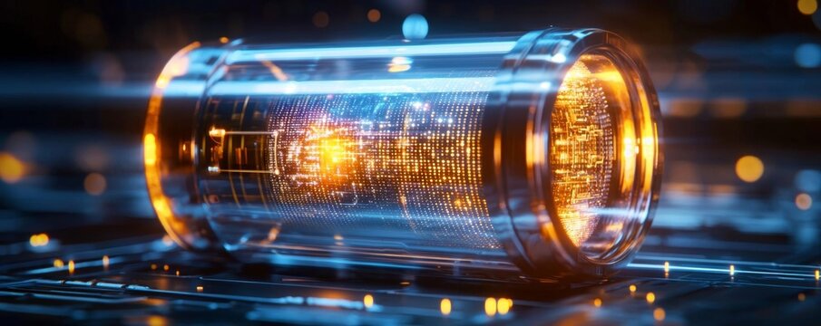 A futuristic 3D metallic battery with built-in holographic display showing its energy reserves