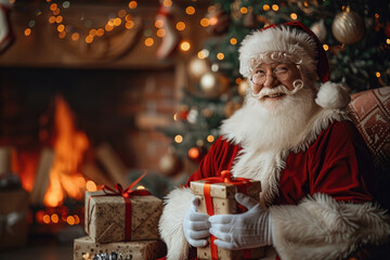 Santa claus sitting in a chair by the fireplace holding a christmas present, smiling. The christmas...