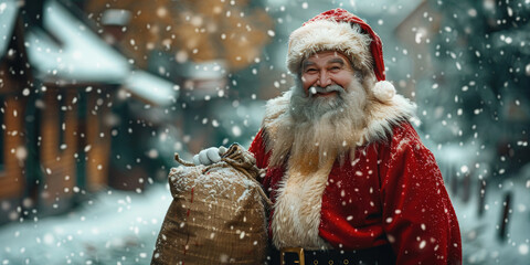Santa joyfully walks down a snowy street on christmas eve, spreading cheer with his sack of toys. The festive scene captures the magic of the holiday season, bringing joy and wonder to all