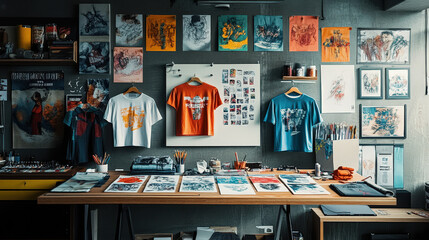 Creative workspace with colorful T-shirt designs pinned on a mood board, artistic sketches and ideas flowing, [concept development], [fashion design].